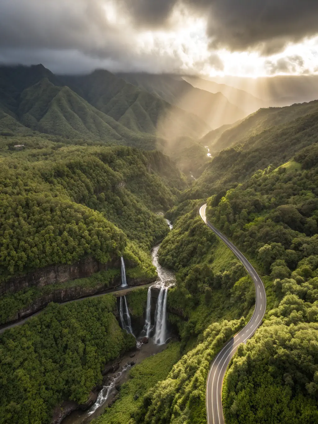 A convertible driving along the Road to Hana in Maui, Hawaii, showcasing the lush landscapes and the freedom of exploring the island by car.