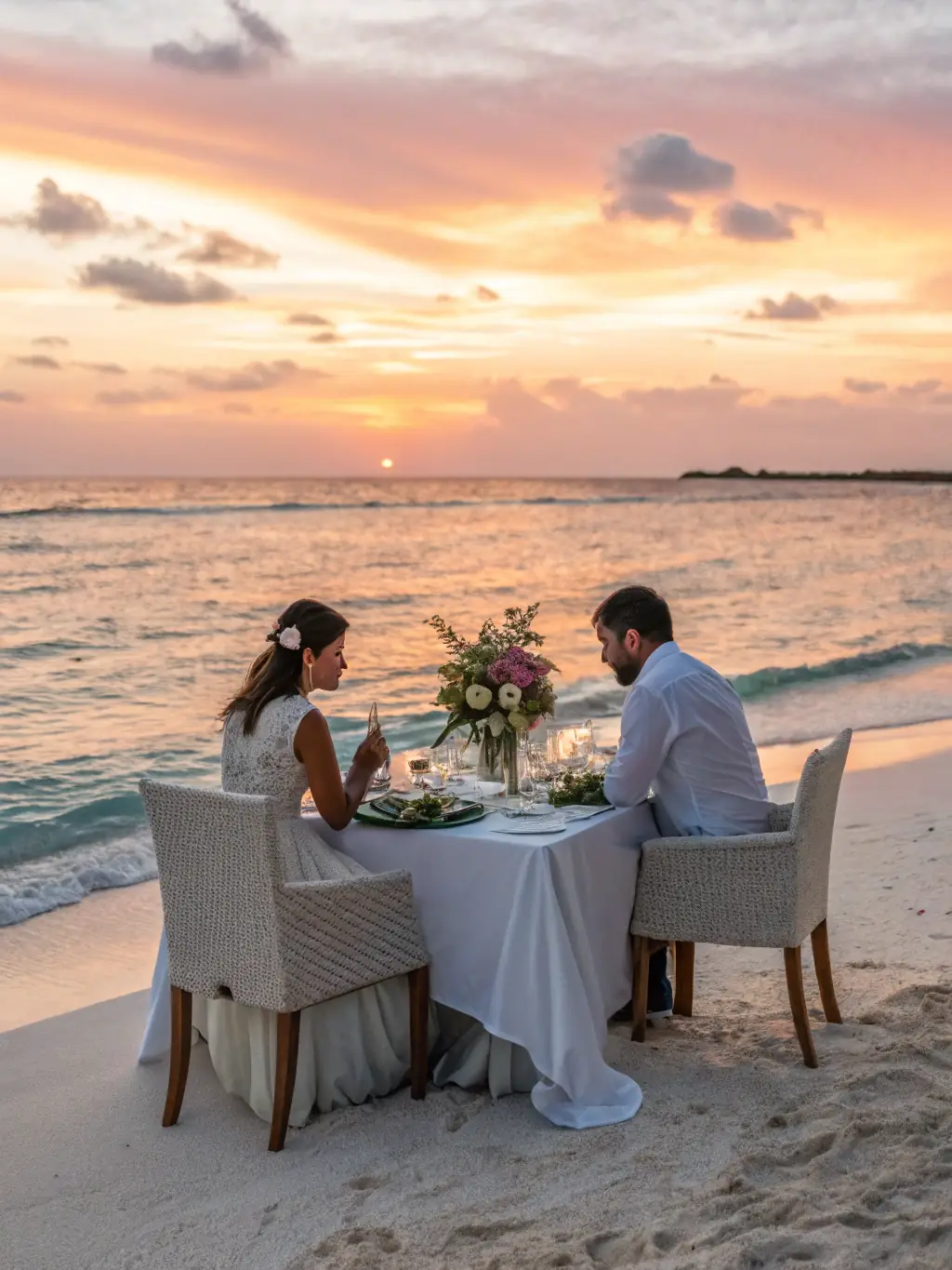 A romantic setting of a sunset dinner on Jimbaran beach in Bali, with a table set for two, featuring fresh seafood and the stunning ocean view, emphasizing romance and intimacy.