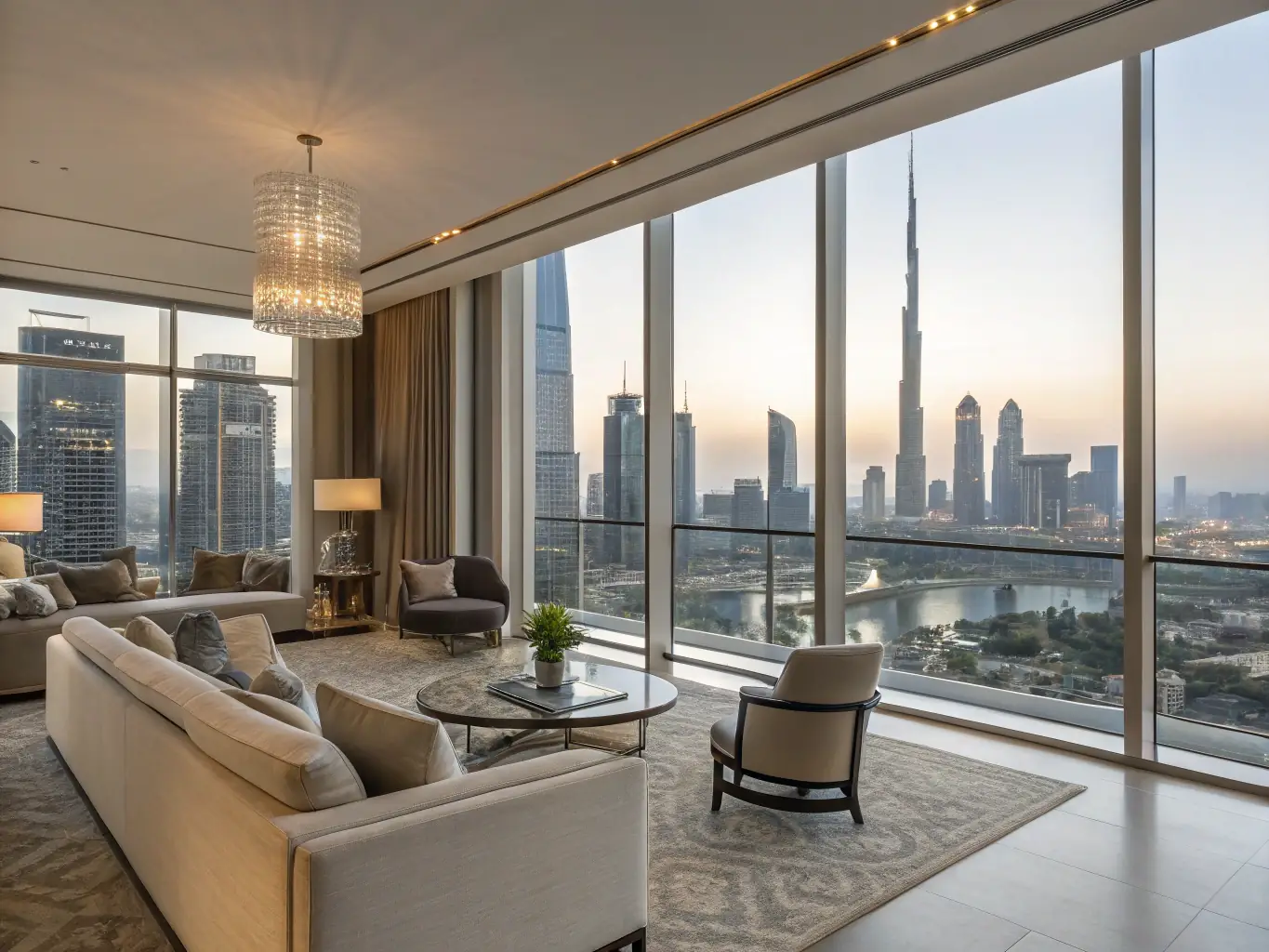 A luxurious penthouse suite in the Burj Al Arab, Dubai, featuring separate twin beds, floor-to-ceiling windows with panoramic views of the Dubai skyline, and opulent decor.