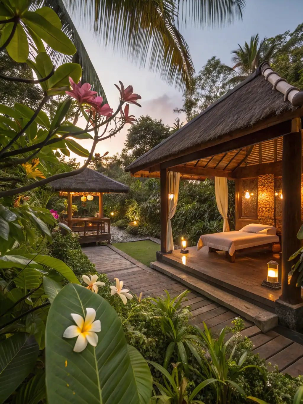 A lush jungle setting in Bali, showcasing the Four Seasons Sayan spa nestled along the Ayung River, with a couple participating in a Balinese healing ritual, highlighting the tranquility and cultural immersion.