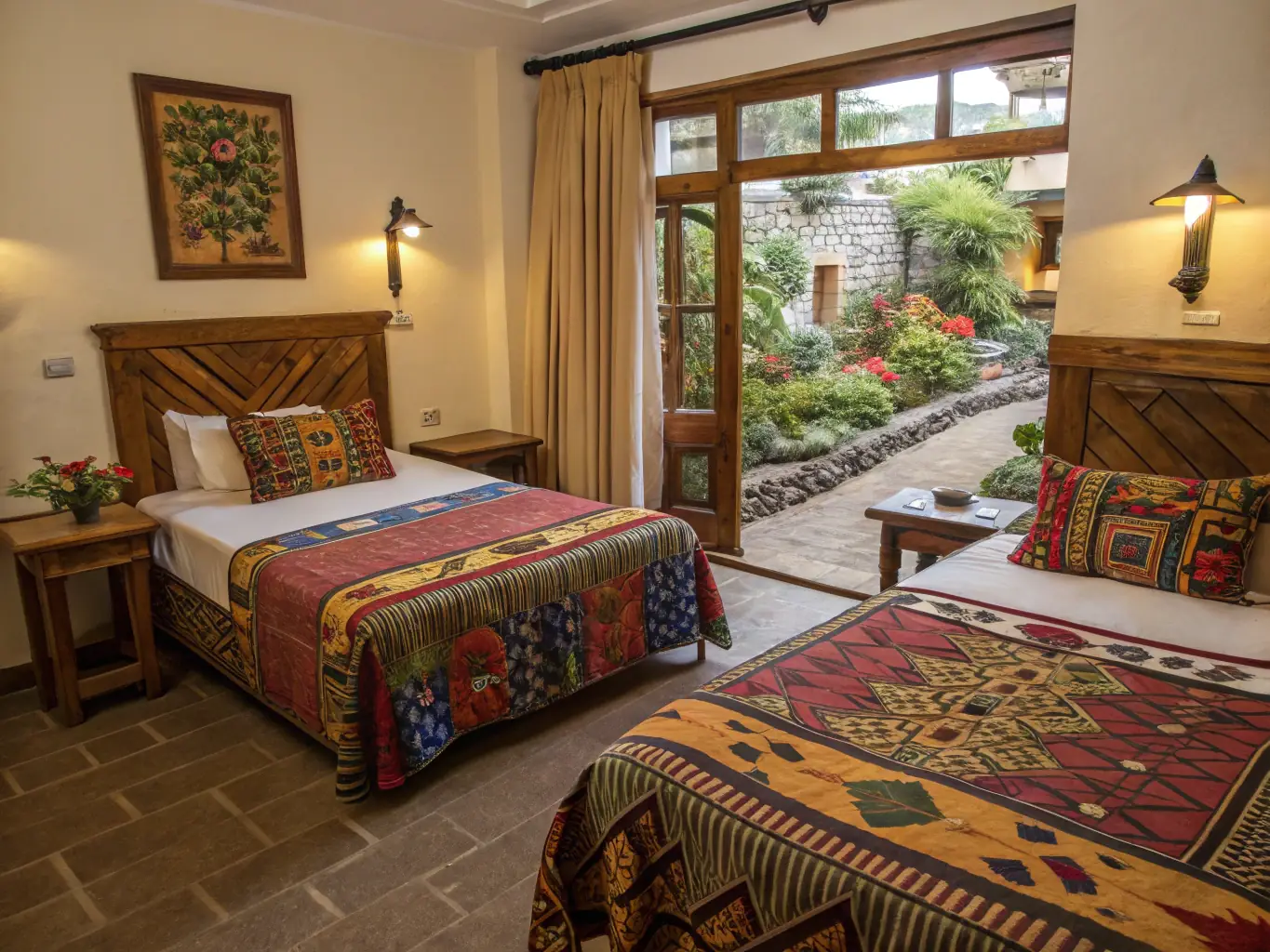 A cozy, inviting hotel room with twin beds, bathed in warm, golden light, suggesting an affordable and comfortable travel experience for couples seeking separate sleeping arrangements.