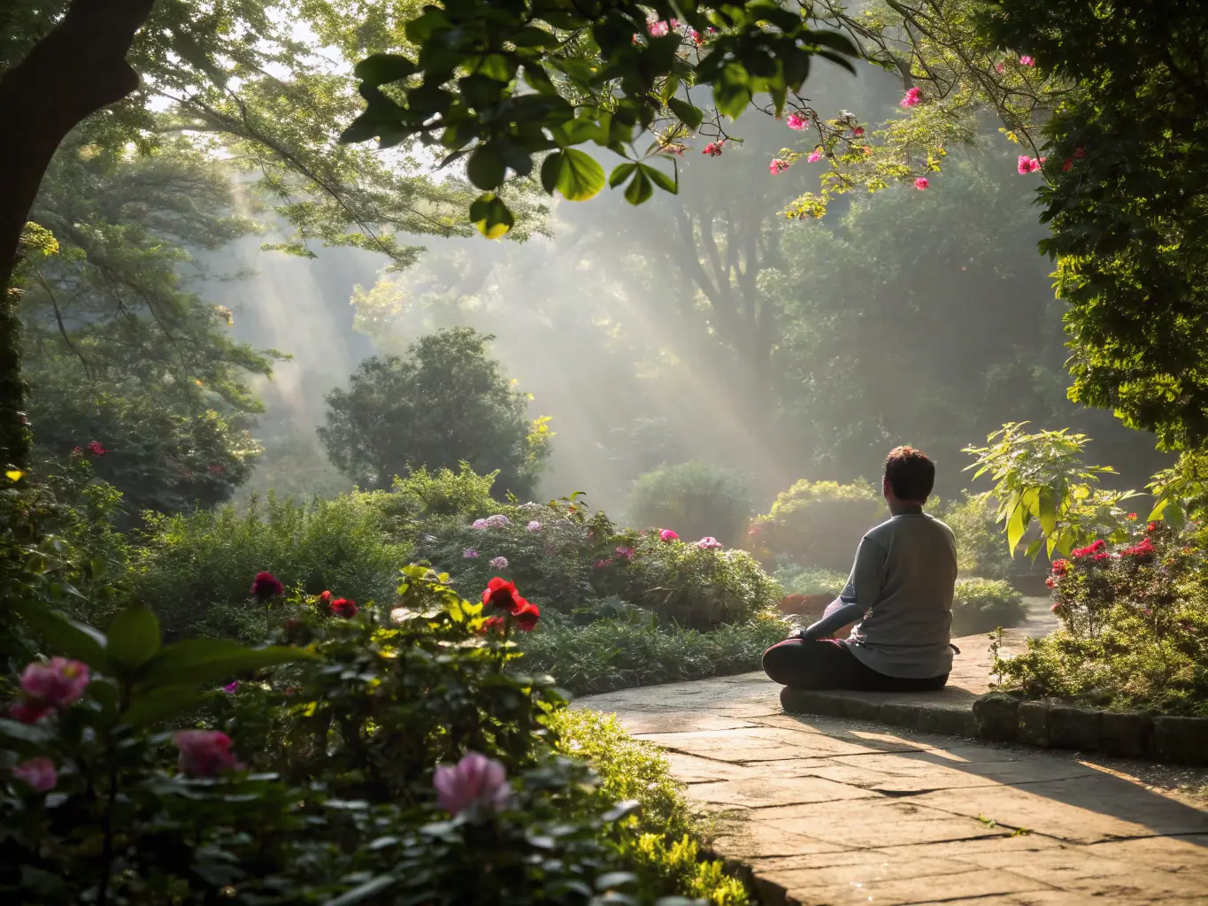 A calming image of a couple meditating together in a serene setting, possibly a Thai temple or a peaceful garden. The photo emphasizes mindfulness, relaxation, and the benefits of shared meditation practices.