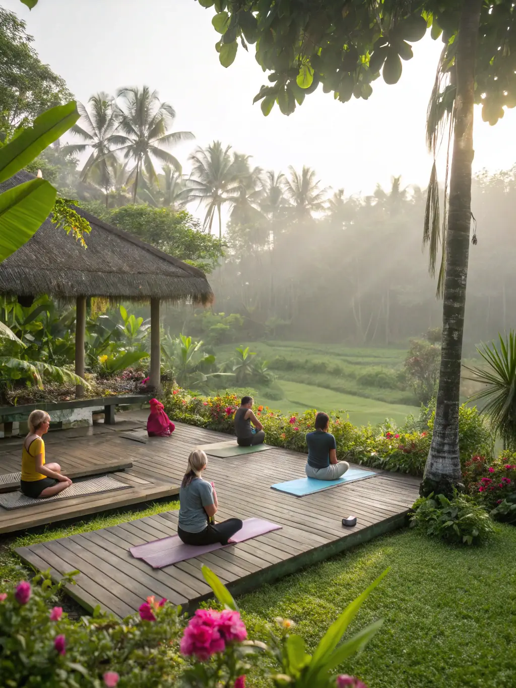 A peaceful scene from a yoga retreat in Ubud, Bali, featuring individuals practicing yoga and meditation in a tranquil setting, promoting wellness and relaxation.