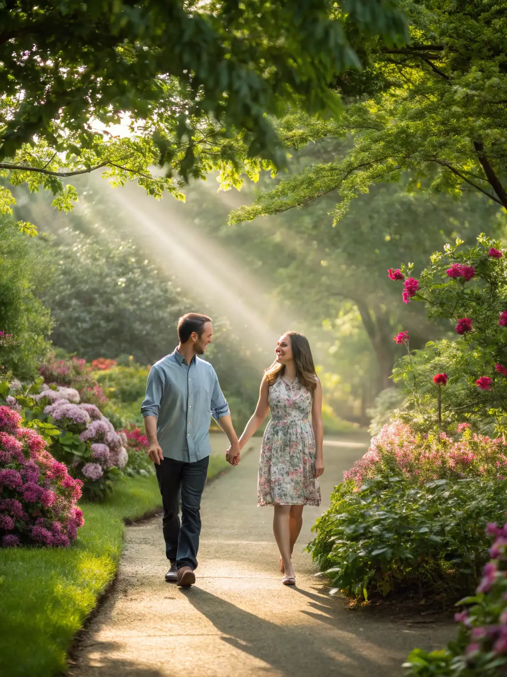 An exterior shot of Chiva-Som in Hua Hin, Thailand, a world-renowned destination spa, with a couple strolling through the beautifully landscaped gardens, emphasizing the comprehensive wellness programs and serene environment.