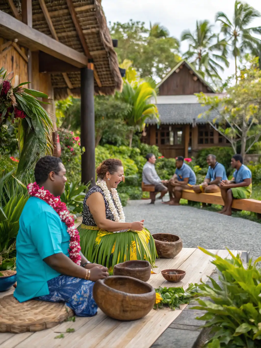 A group of tourists participating in a traditional Fijian village visit, observing a kava ceremony and interacting with local villagers, highlighting the cultural experiences available in Fiji.