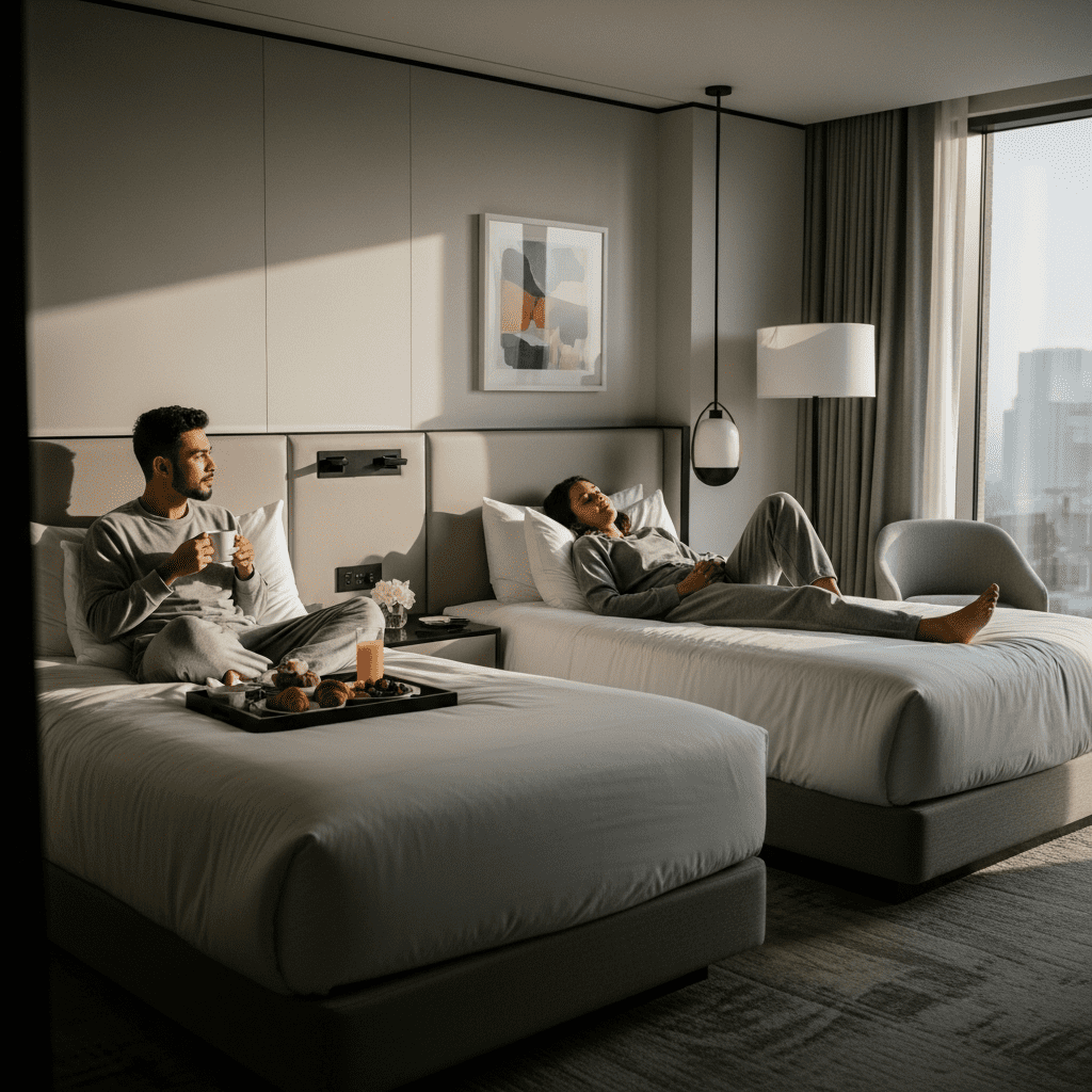 Couple enjoying restful sleep in a hotel with separate twin beds