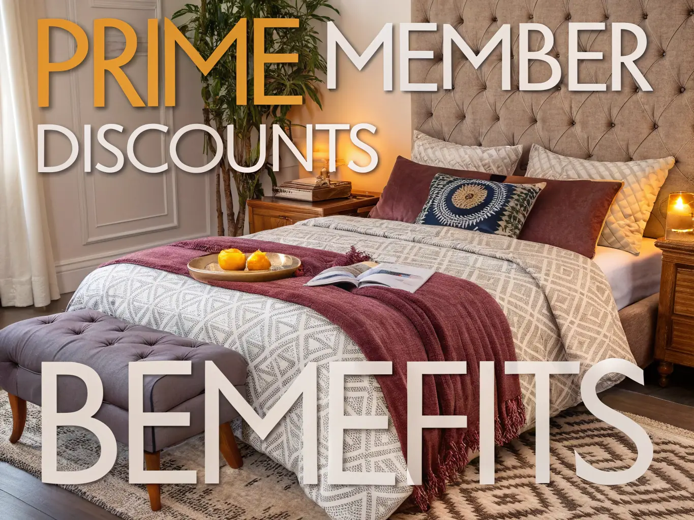 A high-quality image of sleep-enhancing products such as blackout curtains, white noise machines, and comfortable travel pillows, arranged neatly on a bed.