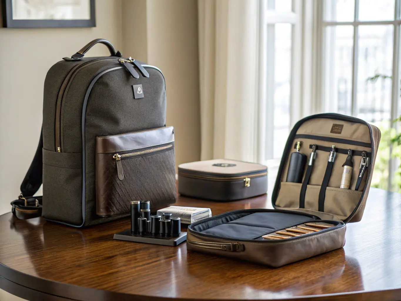 An image showcasing essential travel accessories such as travel-sized toiletries, comfortable eye masks, and portable humidifiers, arranged in a stylish travel bag.