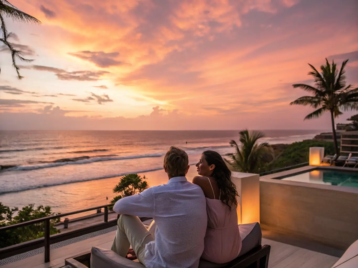 A serene image of a couple enjoying breakfast on separate balconies of their hotel suite, showcasing the privacy and relaxation offered by Sleep Divorce Travel.