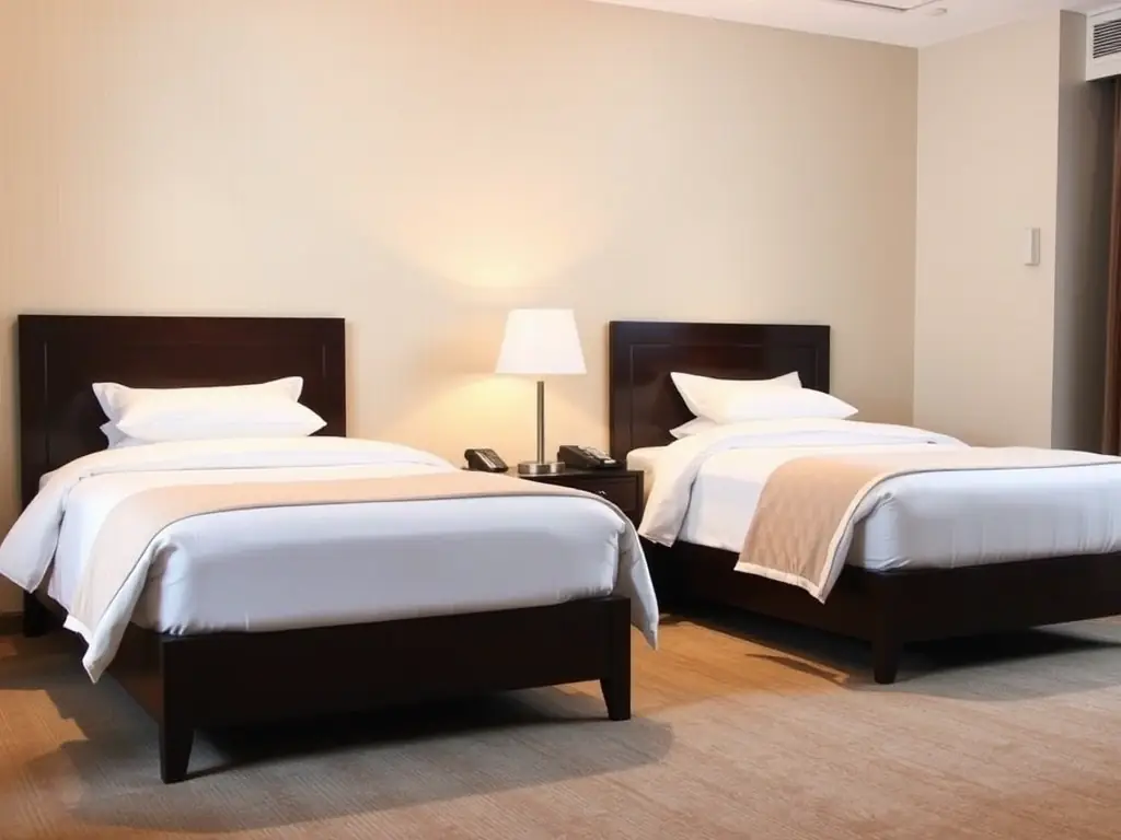 A serene image of a couple sleeping comfortably in separate beds in a luxurious hotel room, emphasizing the concept of sleep divorce within a travel context.