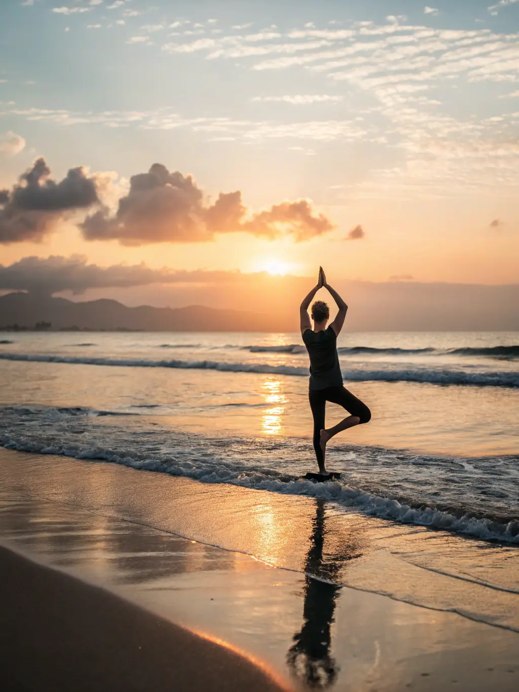 A serene image of a couple enjoying a private yoga session on a secluded beach at sunrise, emphasizing relaxation and tranquility.