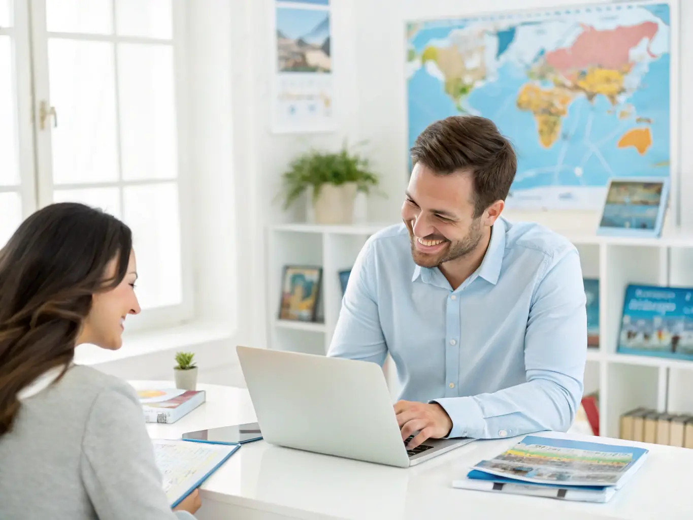 An image of a travel consultant discussing sleep preferences with a couple, highlighting the personalized service provided by Sleep Divorce Travel.