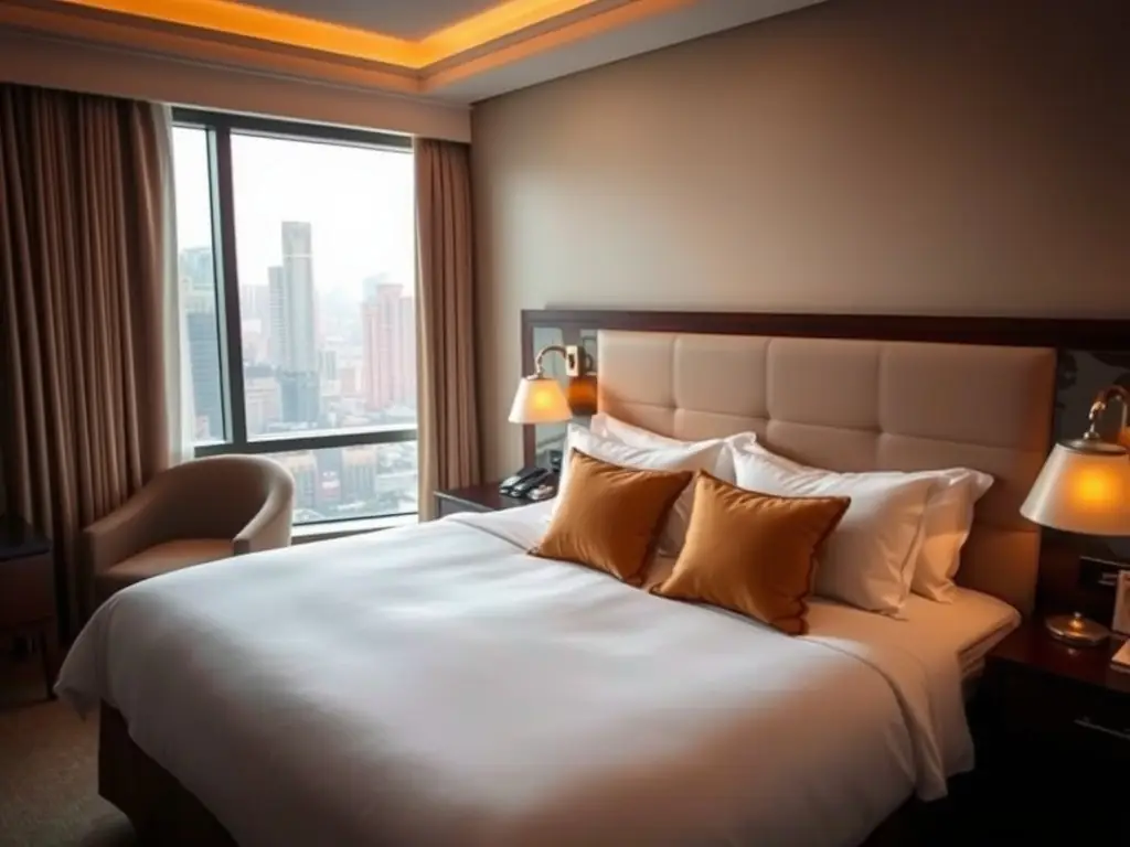 A peaceful image of a person sleeping soundly in a comfortable hotel bed, emphasizing the restful sleep achieved through Sleep Divorce Travel.