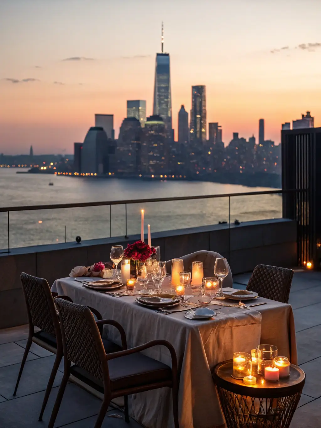 A couple enjoying a quiet dinner on a private balcony overlooking a starlit cityscape, emphasizing intimacy and relaxation.